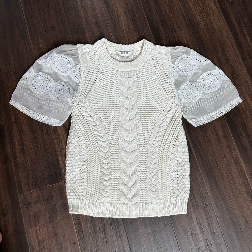 Sea New York Cream Knit Sweater with Lace Sleeves - Picture 2 of 2